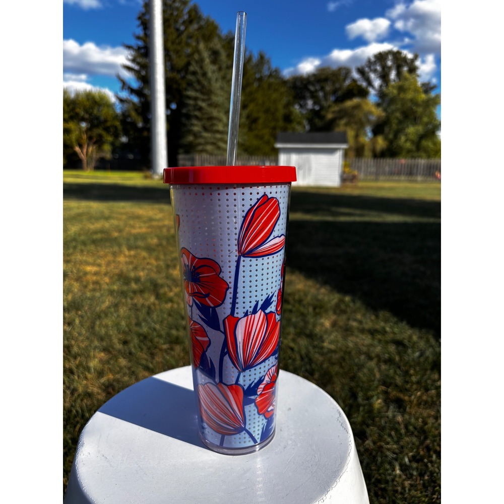 Starbucks 24 oz Venti‎ Cold Cup Tumbler Blue Floral Flowers Poppy Poppies 2017